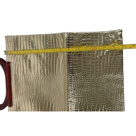 Vintage Gold Embossed Faux Alligator Lucite Handles Purse Folding Tote Bag - Picture 11 of 12